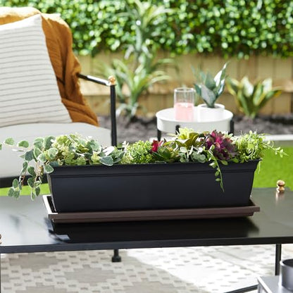 The HC Companies Akro Mils Farmhouse Venetian 24 Inch Rectangular Plastic Ridged Flower Box Plant Saucer Drip Tray, Chocolate (4 Pack)