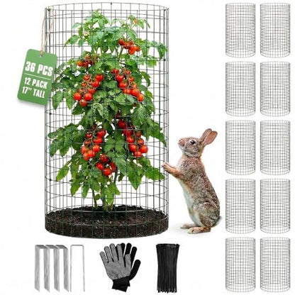 12 Pack 17" x 12" Tall Round Plant Cage - 36PCS Plant Support Cage Metal Wire Mesh Plant Protector for Outdoor Gardening Supplies Garden Protection Rabbits Chickens Ducks for Vegetables Flowers Shrubs