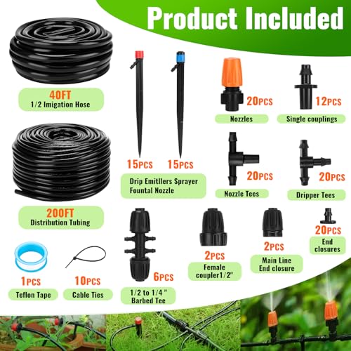 240FT Drip Irrigation System with 1/2'' 1/4'' Tubing Hose