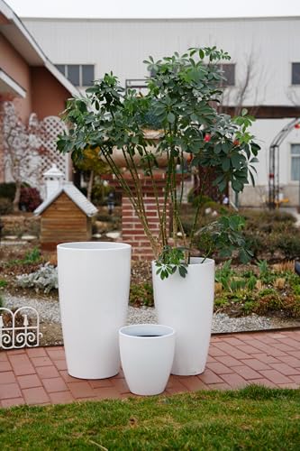 24,21,11 Inch Large Plastic Planters with Drainage Hole and Saucer - Set of 3 Tall Plant Pots Indoor Flower Pot Tall Round Planters Outdoor Large Tall Planter - color: White
