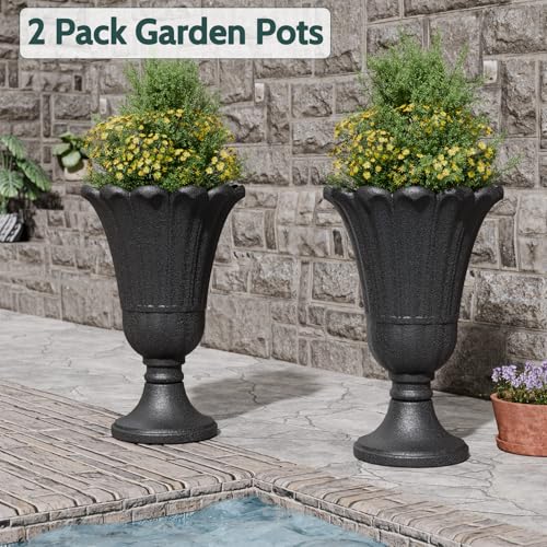 Tall Plastic Urn Planters and Pedestal - 24" Outdoor Planter Black - color: Black-petal