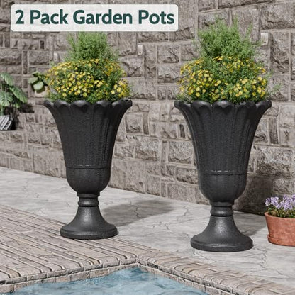 Tall Plastic Urn Planters and Pedestal - 24" Outdoor Planter Black - color: Black-petal