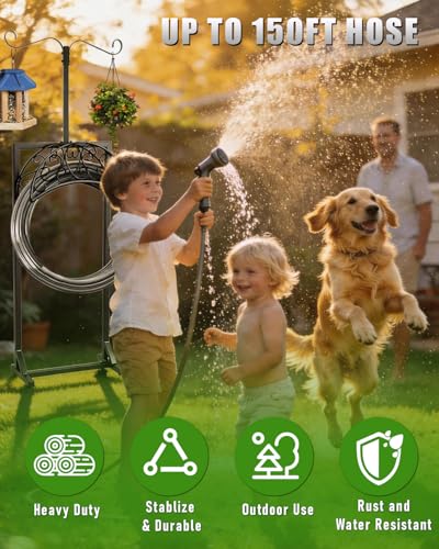 5-Spike Garden Hose Holder Freestanding with 2 Shepherds Hooks - color: Upgraded Hose Holder