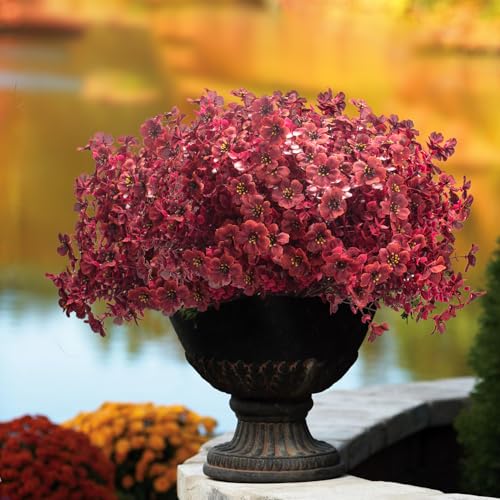 Grunyia 16 Bundles Artificial Boxwood Flowers Outdoor UV Resistant, 13.5" Fall Faux Greenery for Porch Planters Thanksgiving Decor - Fake Plants for Garden, Fireplace, Front Door(Wine Red) - color: Wine Red