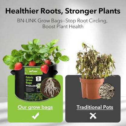 BN-LINK 5-Pack 10 Gallon Grow Bags, Heavy Duty Aeration Fabric Pots with Handles, Thickened Nonwoven Plant Bags for Vegetables, Flowers, Fruits - size: 10 Gallon 5 Pack