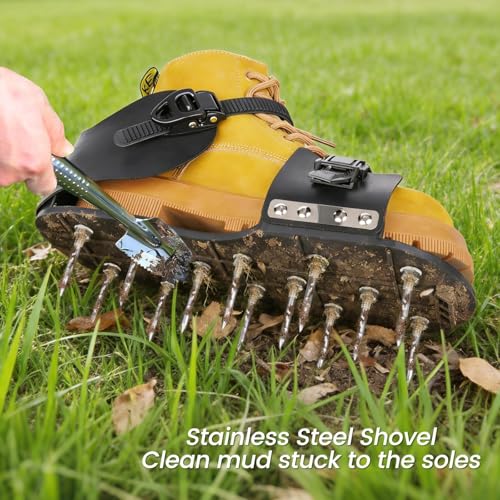 Lawn Aerator Shoes - Heavy Duty Lawn Aerator Tool for Grass with Cleaning Shovel & 6 Extra Spikes, Easy Assembly with Upgraded T-Wrench, Manual Garden Soil Aeration Tools for Yard Care