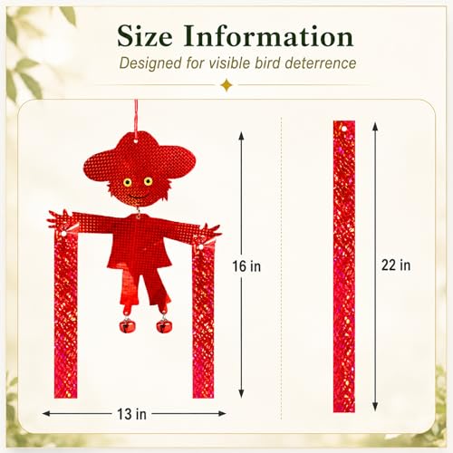 Hanging Bird Scare Reflective Devices, Double-Sided Highly Reflective Bird Deterrents Shiny Scarecrow Shape Reflectors with Bell to Scare Birds Away from Yards, Patios, and Farms (Silver + Red)