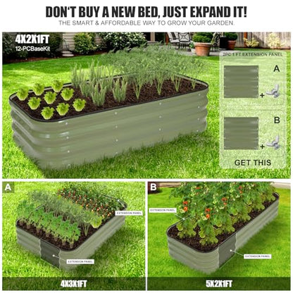 3-in-1 Modular Raised Garden Bed Kit - Adjustable Sizes (4x2x1ft, 3x3x1ft, 5x1x1ft) - Heavy-Duty Galvanized Steel Planter Box with Bracing Rods & Gloves for Vegetables, Fruits, Flowers - color: Green, size: 4×2×1FT