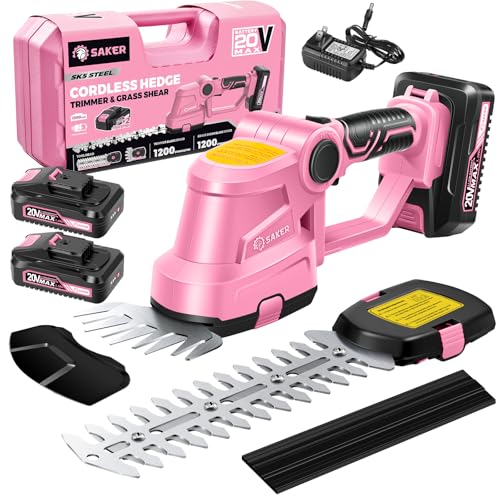 Saker Cordless Hedge Trimmer-20V Electric Shrub Trimmer Grass Shears Handheld Grass Cutter, Hedge Shear with 2 PCS Rechargeable Battery and Charger for Garden, Lawn(Pink) - color: PINK HEDGE TRIMMER+2 BATTERIES