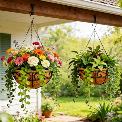 Hanging Planters for Outdoor Plants,12 inch 2 Pack Hanging Planters Basket with Coco Liners, Hanging Baskets Flower Pots for Patio,Garden, Deck, Porch Plants