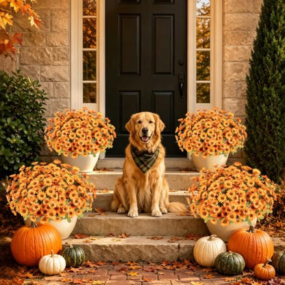 12 PCS Artificial Mums for Outdoors, UV Resistant Fake Fall Flowers - color: Orange