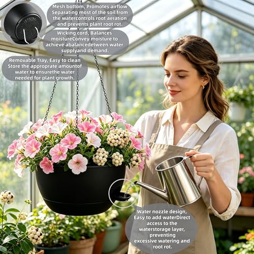 12" Self Watering Hanging Planters with Chains, Black, 2 Pack - color: Black, size: 2 pack 12 inches