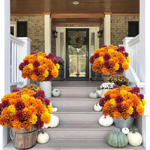 Fake Mums Flowers for Outdoors, 6 Pack 30 Heads Artificial Chrysanthemums Silk Fall Flower for Autumn Wedding Table Front Porch Halloween Diwali Cemetery Indoor Outside Decor (Mixcolor) - color: Mixcolor