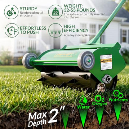 Rolling Lawn Aerator, Heavy Duty Push Spike Aeration Tool Up to 55 lbs, Manual Rotary Grass Aerator for Garden and Yard Use