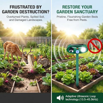 4Pack Upgraded Ultrasonic Deer Repellent for Plants Solar Animal Repellent Outdoor with Motion Sensor Strobe Light for Rabbit Cat Deterrent Raccoon Squirrel Fortress Pro Keep Deer Out of Yard Garden
