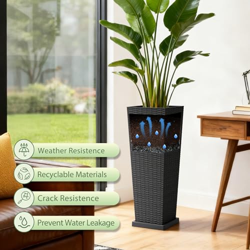 Greesum Set of 2 Tall Plastic Planters with Saucer, 32 Inch, Black - color: Black, size: 32" with Tray
