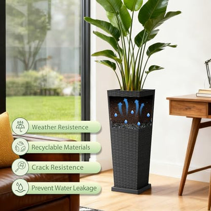 Greesum Set of 2 Tall Plastic Planters with Saucer, 32 Inch, Black - color: Black, size: 32" with Tray