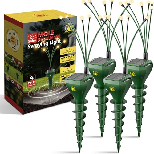 4 Pack Mole Repellent Solar Powered with Swaying Lights, Vibrating Solar Mole Repellent Stakes for Voles, Groundhogs, Snakes & Gophers, IP65 Waterproof Mole Deterrent for Yard, Farm, Lawn & Garden