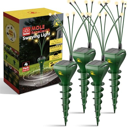 4 Pack Mole Repellent Solar Powered with Swaying Lights, Vibrating Solar Mole Repellent Stakes for Voles, Groundhogs, Snakes & Gophers, IP65 Waterproof Mole Deterrent for Yard, Farm, Lawn & Garden
