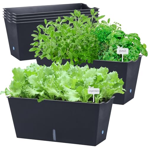 Window Box Planter 6 Pcs, 16.5 Inches Self Watering Rectangle Flower Plant Pots with Drainage Holes Trays, Vegetable Planters for Windowsill Patio Garden Balcony Porch Yard (Black) - color: Black, size: 16.5*7.1*7.1 inch