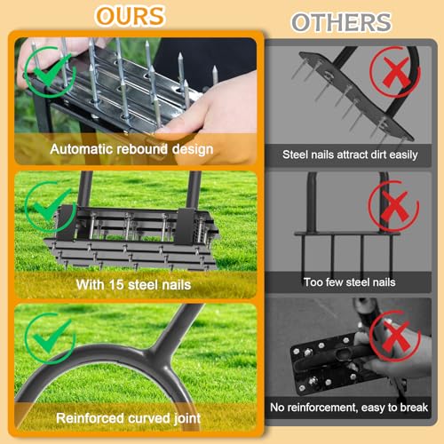 Aerator Lawn Tool - 2-in-1 Reinforced Heavy Duty Manual Lawn Aerator with 15 Spikes, Automatic Dirt and Leaf Clean Design, Adjustable T-Handle (Gloss Black) - color: Gloss Black