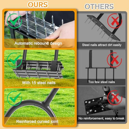 Aerator Lawn Tool - 2-in-1 Reinforced Heavy Duty Manual Lawn Aerator with 15 Spikes, Automatic Dirt and Leaf Clean Design, Adjustable T-Handle (Gloss Black) - color: Gloss Black