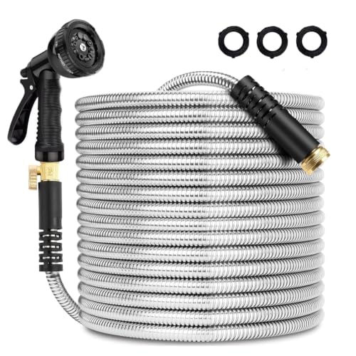 Stainless Steel Metal Garden Hose 50 FT,No Kink Garden Water Hose with 8 Pattern Spray Nozzle for Yard, Outdoor,Flexible,Never Kink & Tangle, Puncture Resistant,Black - color: 50FT