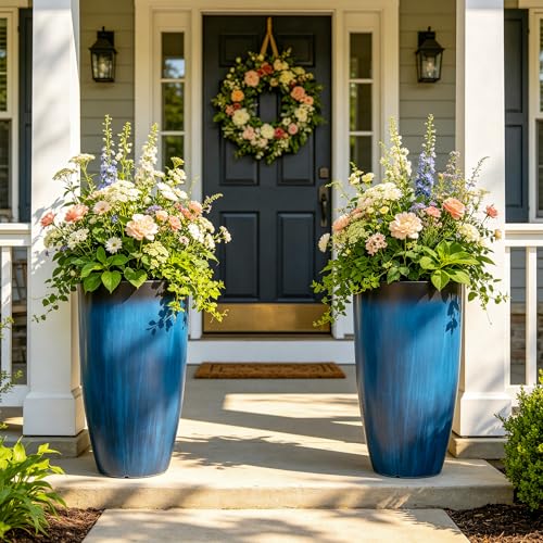 Autodaya 24" Large Tall Outdoor Planters Set of 2, Faux Ceramic Flower Pots - color: 24"h-gradient Cobalt Blue