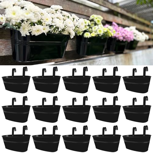 LaLaGreen Rail Planter Outdoor Plants(11.8 Inch, 15 Pack) Black Metal Iron Hanging Flower Pots Deck Railings Fence Buckets Modern Countryside Boho Style Wall Mount Window Box Plant Holder Porch Decor - size: 11.8" (30 cm) x 15 Pack