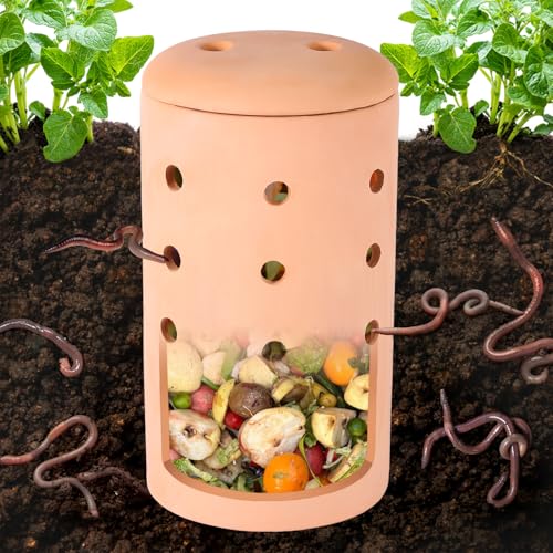 Underground Compost Bin 11Inch Garden Worm Farm Outdoor for Organic Refuse Red Pottery Ceramics Compost Bin with Holes and Lid Clay for Garden Vegetable Patch Backyard - style: 11Inch