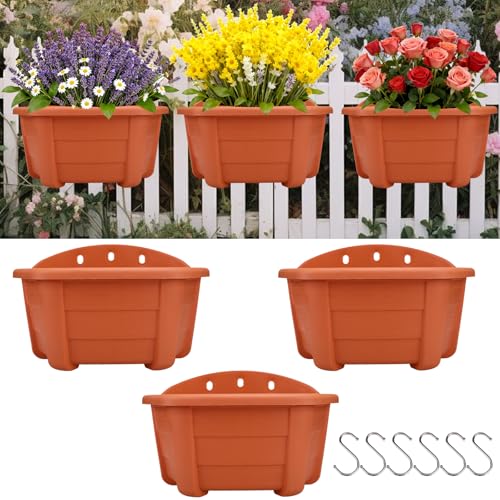 summer flower 3 Pack Hanging Planters for Railing, 9.84 Inch Plastic Window Box with Drain Hole Plug, Indoor Outdoor Flower Pots for Balcony Fence Garden Decor (Red) - color: Red