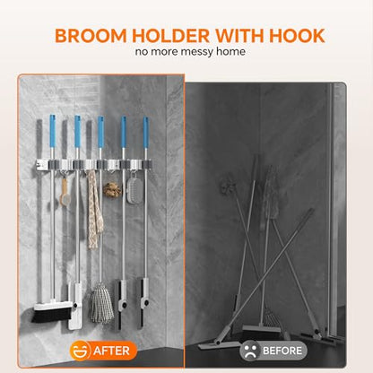 5 Grippers Broom Holder Wall Mount with 4 Hooks Stainless Steel, Silver - color: A-Silver, size: 5PCS Gripper