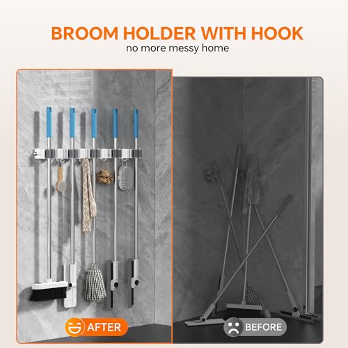 5 Grippers Broom Holder Wall Mount with 4 Hooks Stainless Steel, Silver - color: A-Silver, size: 5PCS Gripper