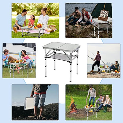 Small Folding Table with Storage Net, 24" x 16" Portable Foldable Camping Table with 3 Adjustable Height, White Metal Table for Beach, Patio, BBQ
