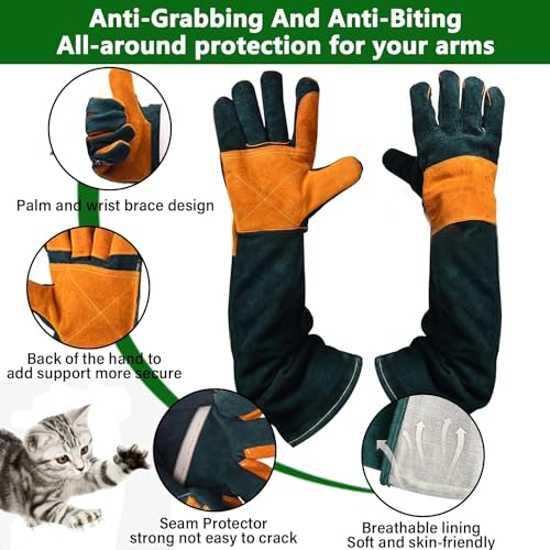Animal Handing Gloves Bite Proof,Leather Welding Gloves,Multipurpose Puncture Proof Glove for Dog,Cat,Reptile,Snake - color: Green+orange, size: 23.6 inches