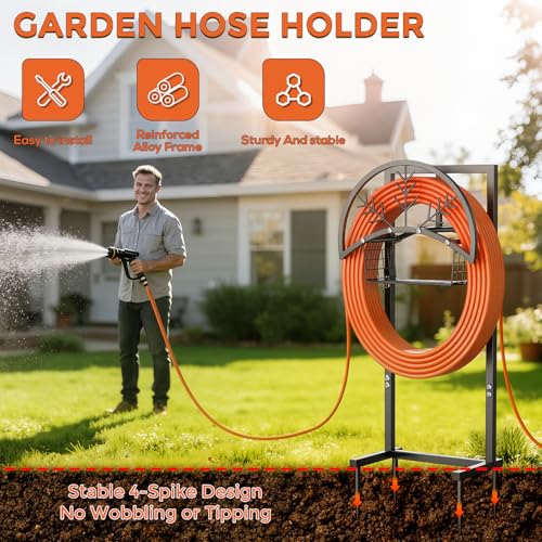 Heavy Duty Garden Hose Holder with Storage Basket, Holds Up to 160FT Hose, Freestanding Metal Water Hose Organizer with 4 Anchor Spikes, for Outdoor Yard Lawn Patio - color: Matte Black