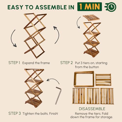 BEEFURNI 4-Tier Foldable Acacia Wood Ladder Plant Stand & Corner Rack