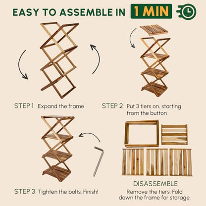 BEEFURNI 4-Tier Foldable Acacia Wood Ladder Plant Stand & Corner Rack