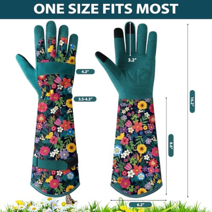 Gardening Gloves for Women, Long Garden Gloves with Grip, Thorn-Proof, Gift - color: Dark Green - Flower