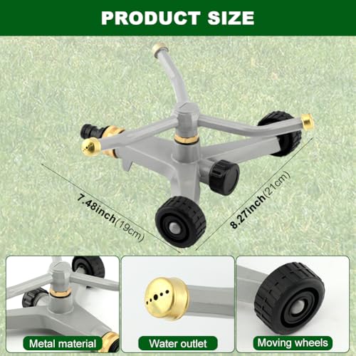 Metal Rotating Water Sprinkler for Lawn, 360 Degree Automatic Rotary Sprinkler, 3-Arm Metal Sprinkler with Wheel Base, Cover up to 1,384 Sq ft Quiet Operation for Yard Garden