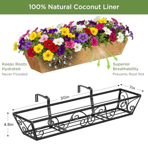 Y&M 30 Inch Window Deck with Coco Liner, Fence Metal Hanging Flower Planter Window Basket Deck Railing Planter Boxes for Outdoor Garden Lawn-Butterfly, 4pcs - size: Butterfly 30in 4p