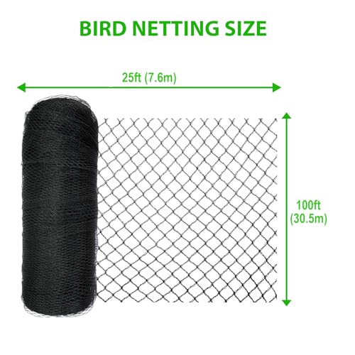 Bird Netting 25x100 Ft, 1" Mesh Heavy Duty HDPE Garden Net, Black - size: 25' x 100'