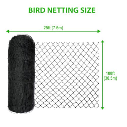 Bird Netting 25x100 Ft, 1" Mesh Heavy Duty HDPE Garden Net, Black - size: 25' x 100'