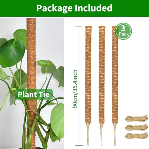 3 Pack 35.4'' Moss Pole for Monstera, Bendable Coco Coir Plant Support Stakes - size: 3 Pack（35.4-Inch）