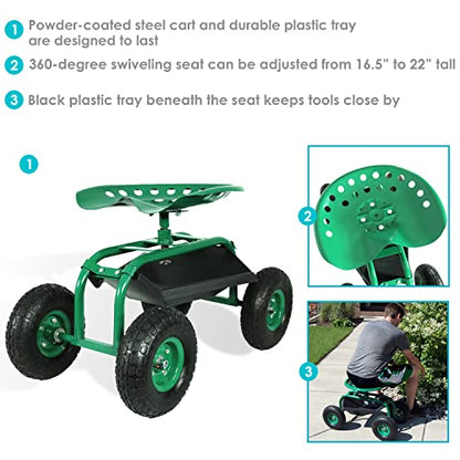 Sunnydaze Rolling Garden Cart with Swivel Seat and Storage, Green - color: Green