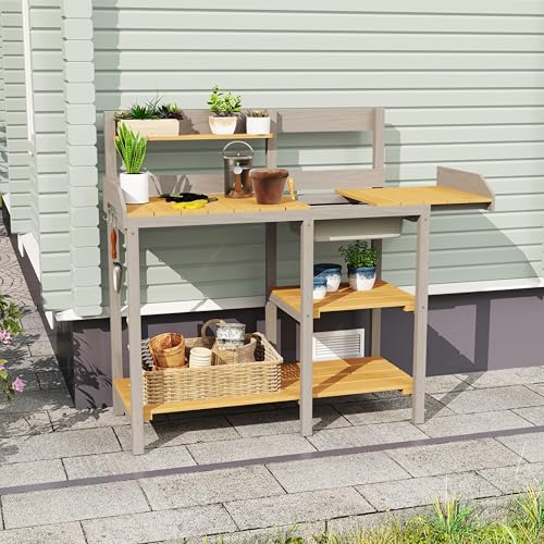Outdoor Potting Bench, Garden Table for Planting, Potting Station with Shelves, Outdoor Workbench for Garden, Patio, Deck - color: Brown+gray-1