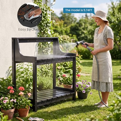 Domi 3-Tier Potting Benches for Outside, HDPE Outdoor Potting Table, Black - color: Black