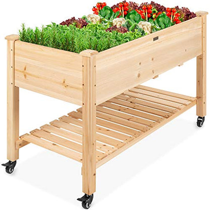 Best Choice Products Raised Garden Bed 48x24x32-inch Mobile Elevated Wood Planter w/Lockable Wheels, Storage Shelf, Protective Liner - Natural - color: Natural