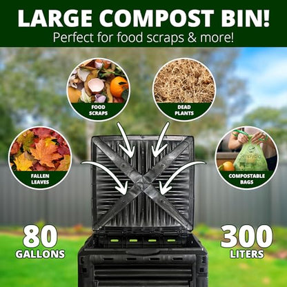 Simply Bio Garden Compost Bin from BPA-Free Material - 80 Gallon (300 L) Large Outdoor Compost Bin, Easy Assembly, Lightweight, Fast Soil Creation, with Glove, Black - size: 80-Gallon