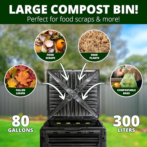 Simply Bio Garden Compost Bin from BPA-Free Material - 80 Gallon (300 L) Large Outdoor Compost Bin, Easy Assembly, Lightweight, Fast Soil Creation, with Glove, Black - size: 80-Gallon